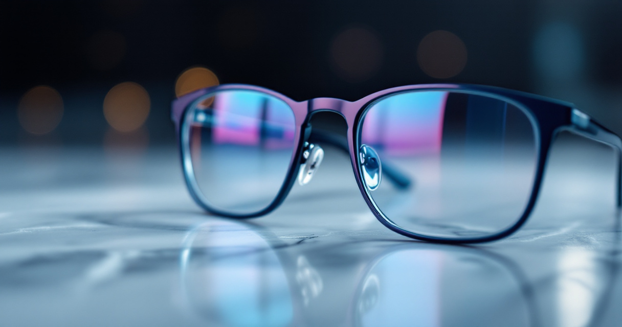 Professional eyeglasses with anti-reflective coating on marble surface for AI headshot photography tips