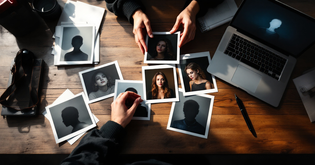 Hands comparing printed portraits and a laptop image, reflecting ethical questions about AI headshots