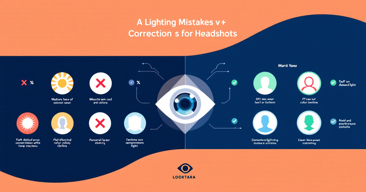 Infographic showing 7 AI headshot lighting mistakes with visual icons depicting harsh lighting, color temperature issues, flat lighting, backlighting errors, and colored reflections alongside their corrections