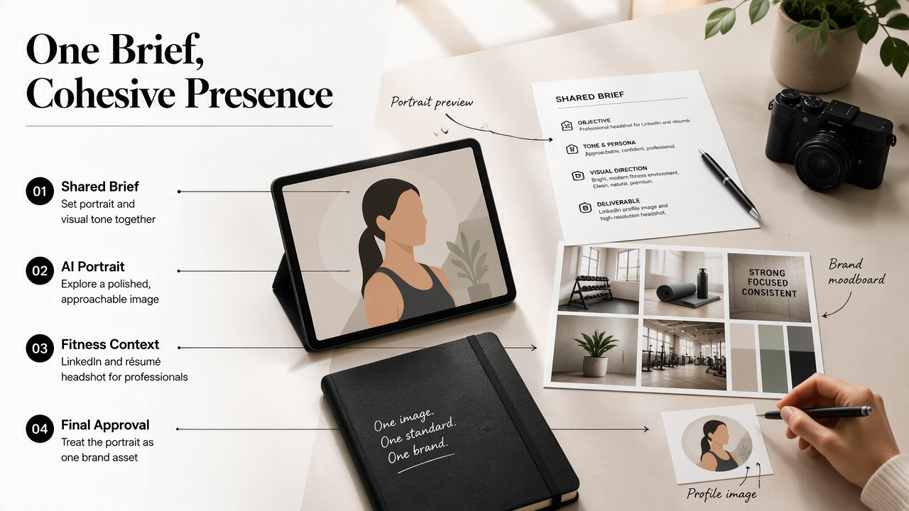 A shared portrait brief connects an AI headshot, fitness professional context, brand assets, and final profile approval.