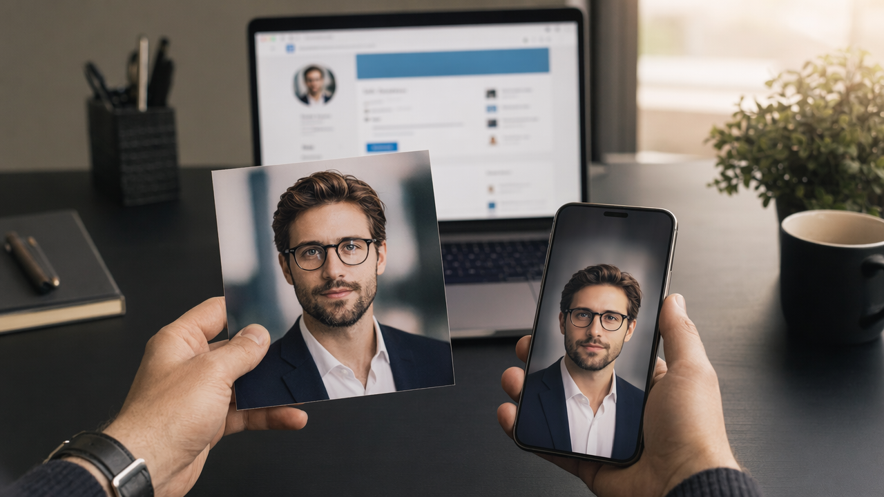 Hands comparing printed and digital AI headshots on a desk for trustworthiness review