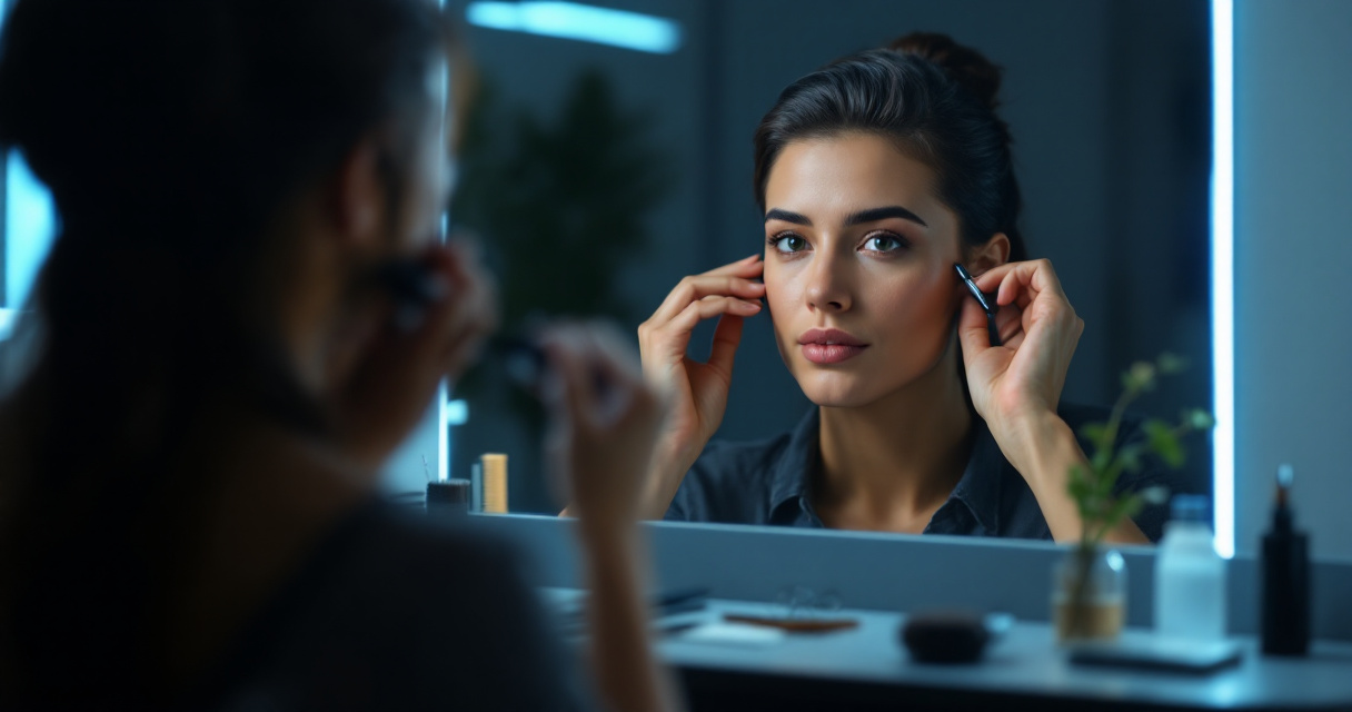 Professional adjusting hair and grooming under studio lighting before creating an AI headshot