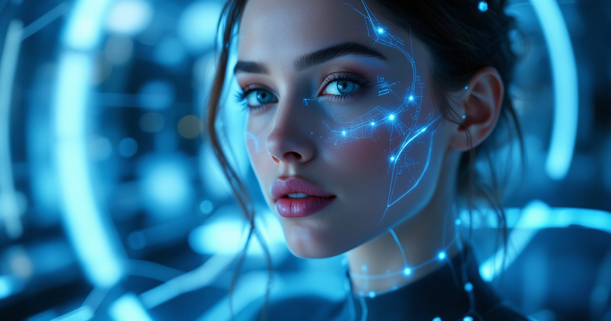 Futuristic AI system enhancing natural makeup and grooming in a professional headshot environment