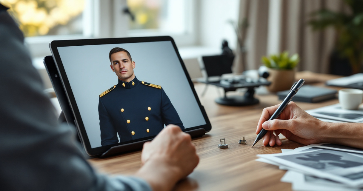 Tablet generating realistic military uniform portrait with stylus editing details on a desk