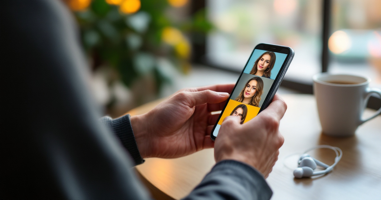 Over‑the‑shoulder view of smartphone generating AI professional headshot at café table