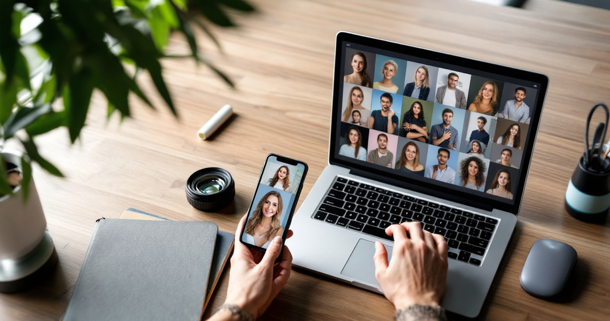 Laptop and smartphone side by side comparing AI headshot generation tools on a desk