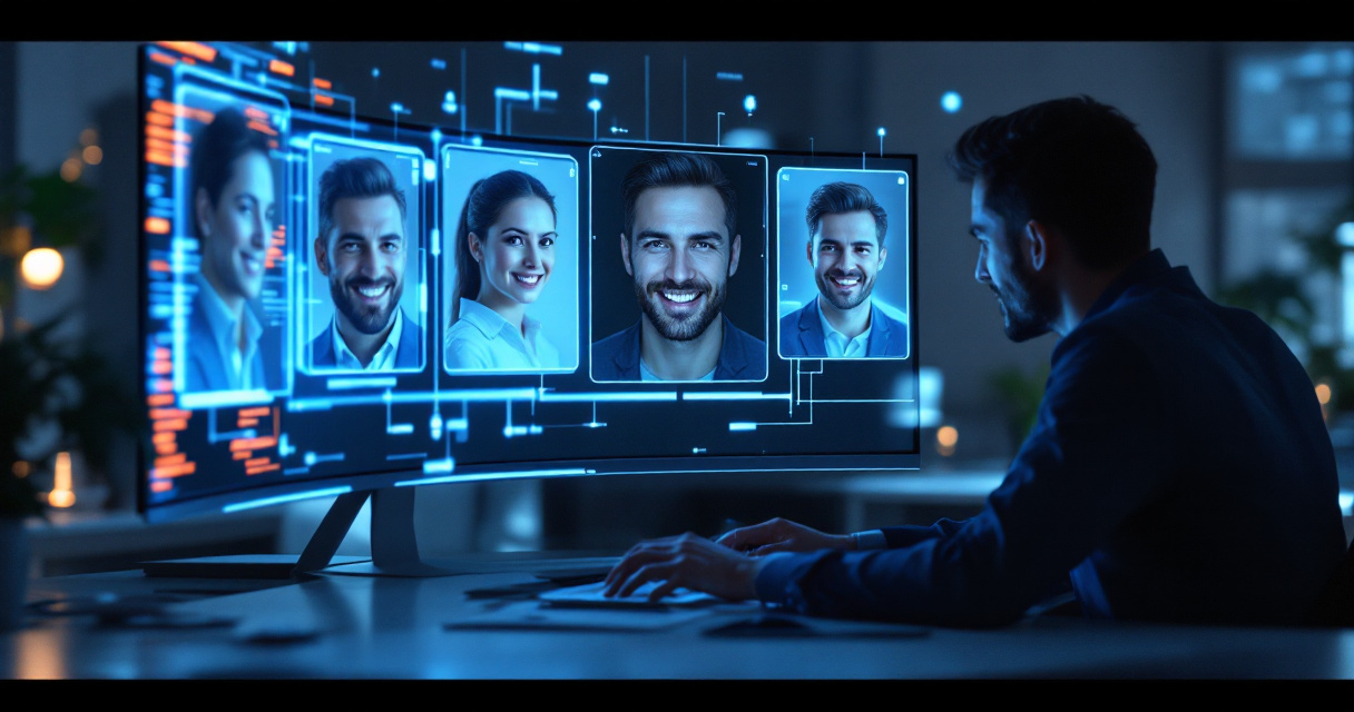 Professional reviewing multiple AI-generated headshots with different facial expressions in a futuristic workspace