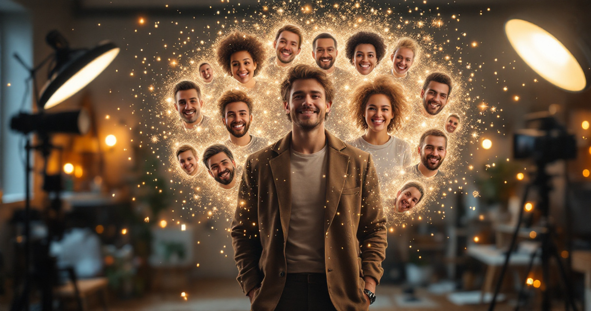 Content creator surrounded by multiple AI portrait variations representing moods for personal branding