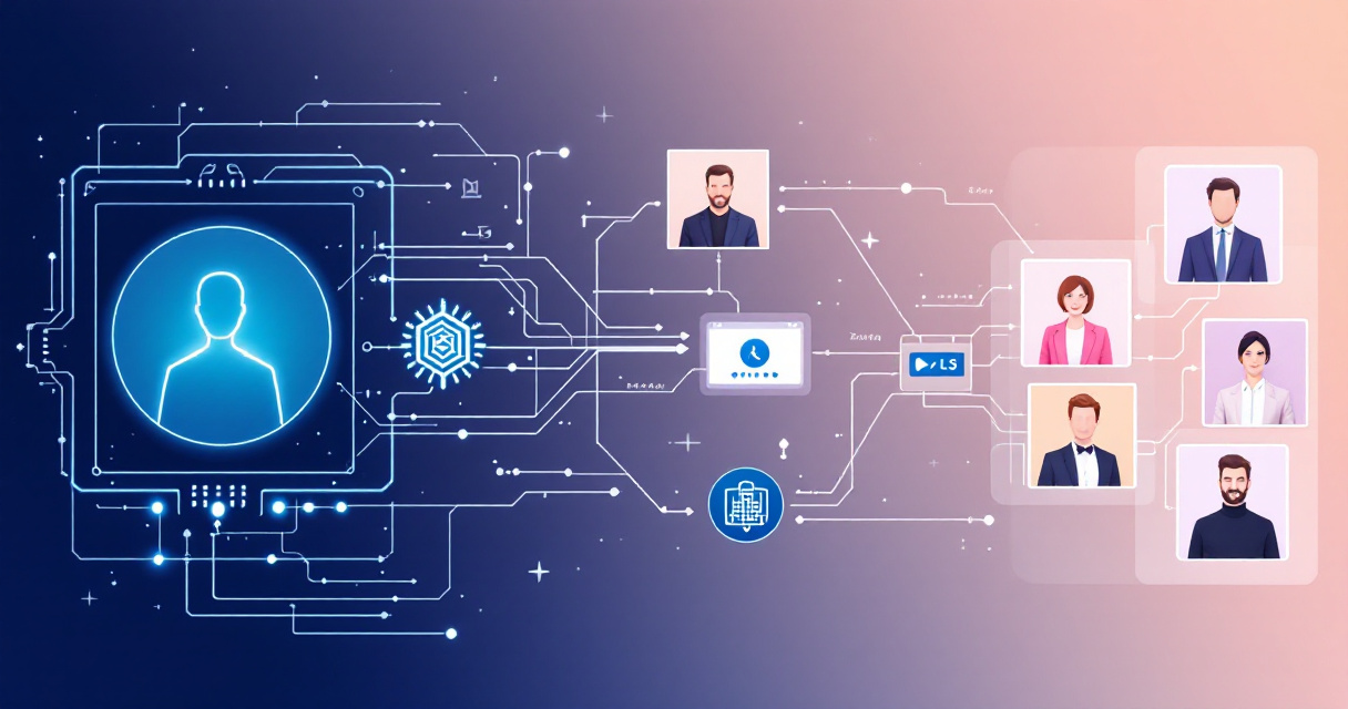 Infographic showing how AI turns one photo into multiple professional headshots with different outfits, including process, styles, features, privacy, and future AI concepts.