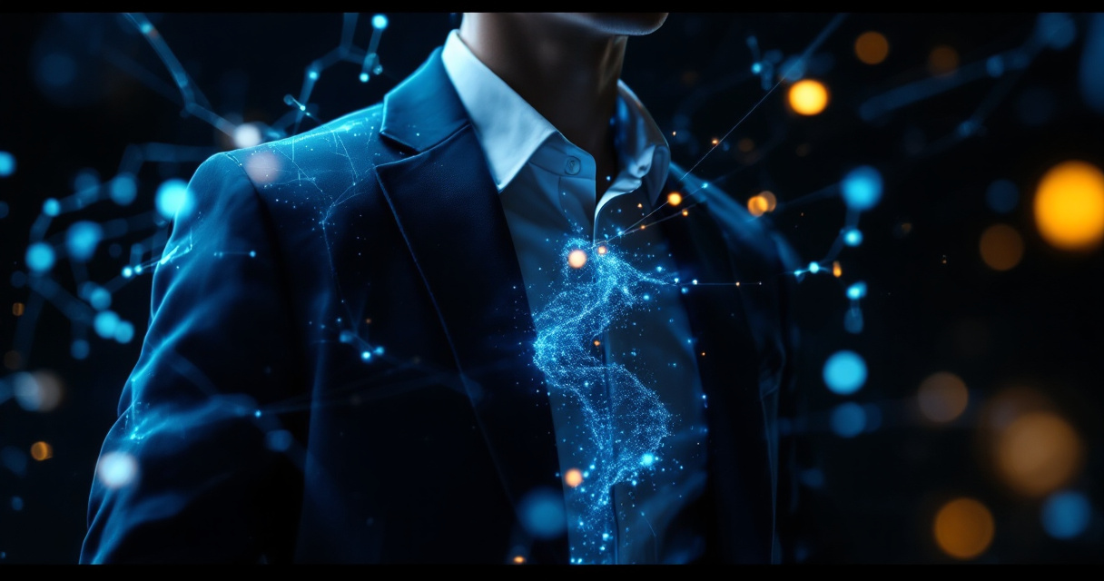 AI neural network visualization transforming digital data into professional clothing options for headshot generation