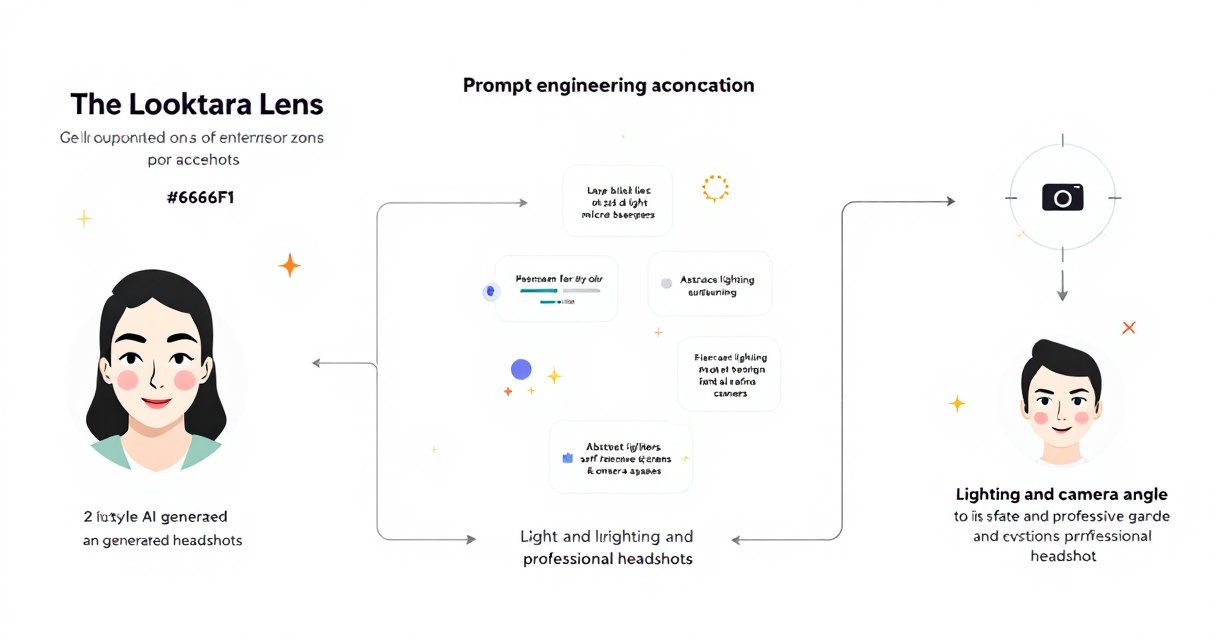 Modern infographic showing how AI creates natural headshot expressions using prompts, lighting, micro‑expressions, training data, and cross‑platform consistency.