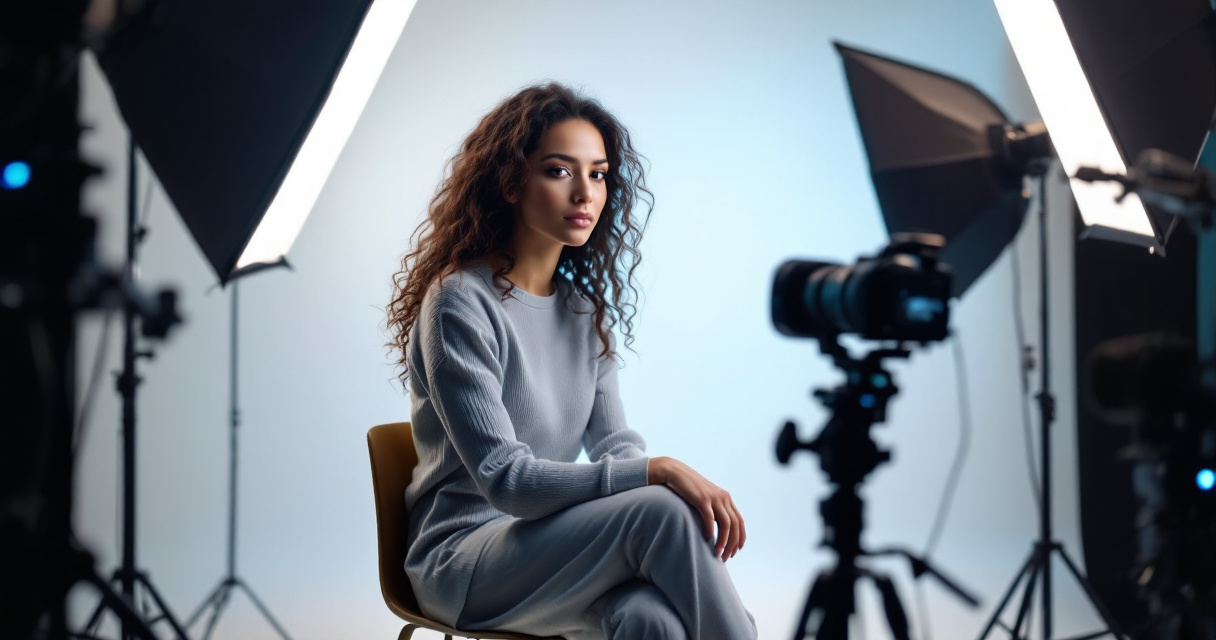 Professional portrait studio lighting and camera angle setup for creating natural looking AI headshots