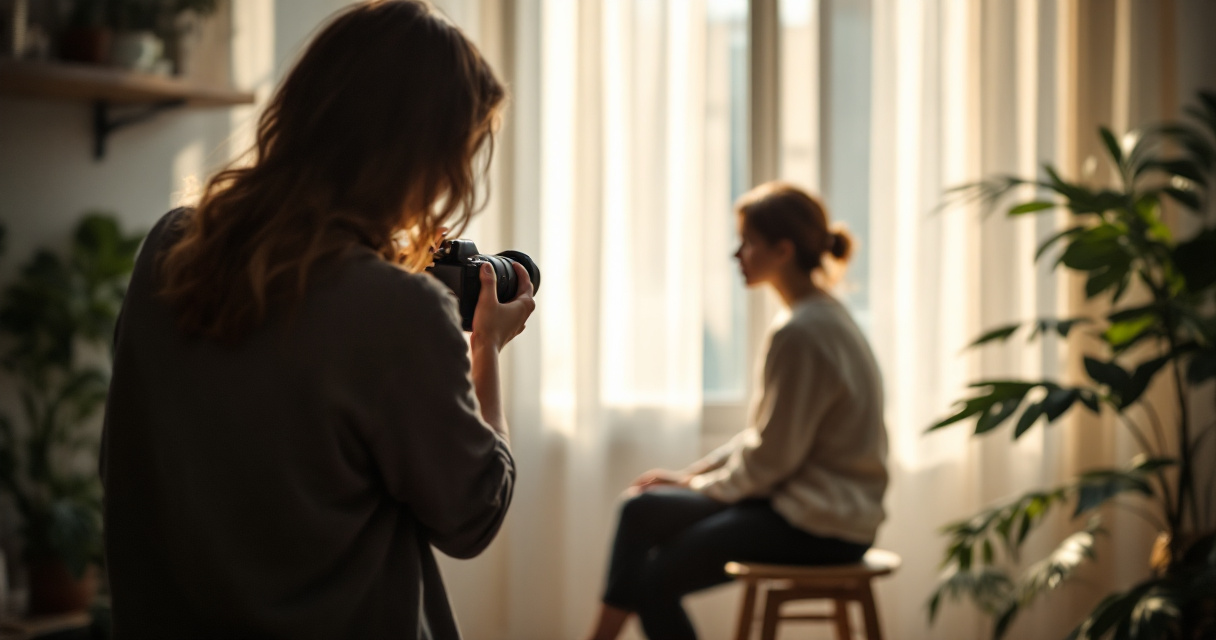 Photographer shooting a soft natural light headshot beside a bright window with airy shadows