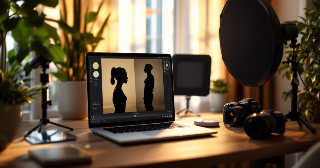 Laptop and lighting gear illustrating natural light versus studio lighting styles for AI headshots