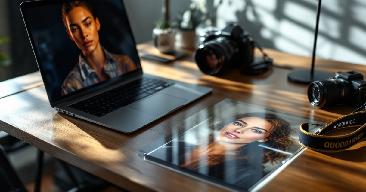Different physical photo outputs on desk illustrating JPG, PNG, and high quality export concepts
