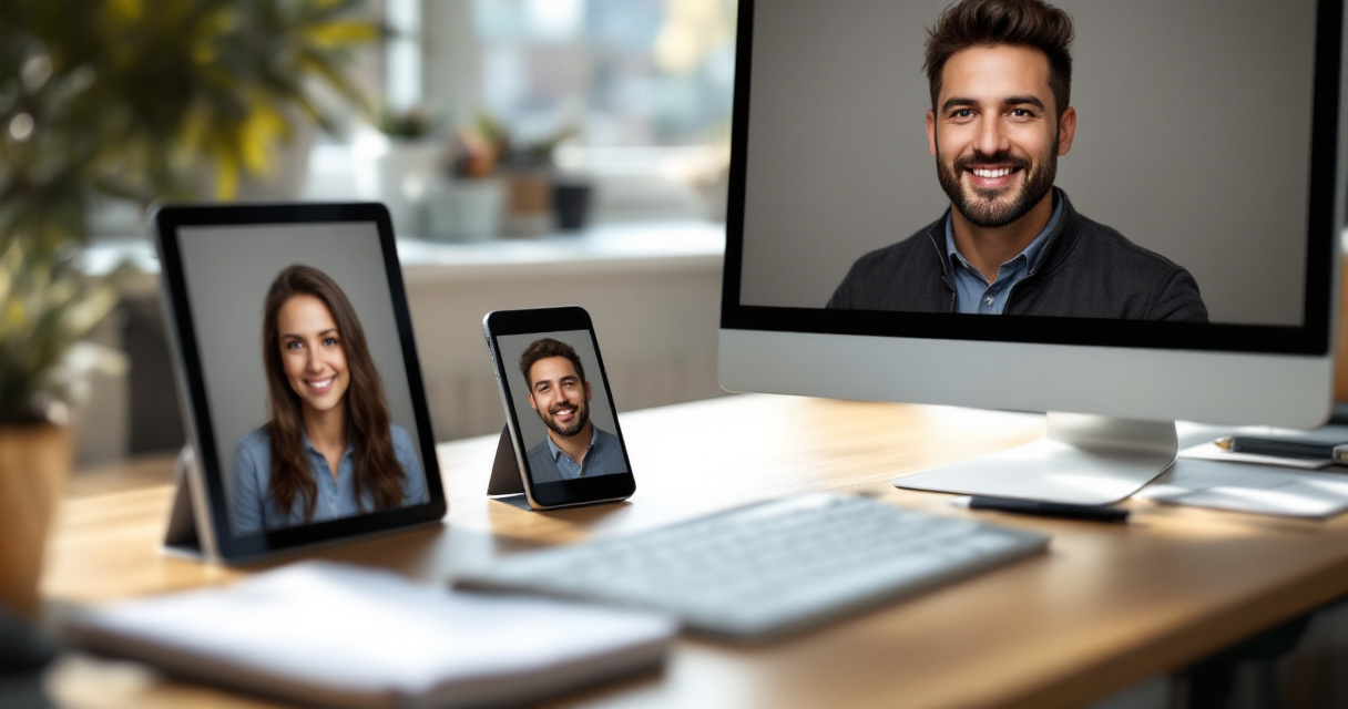 Same professional headshot displayed on phone tablet and monitor to illustrate resolution differences