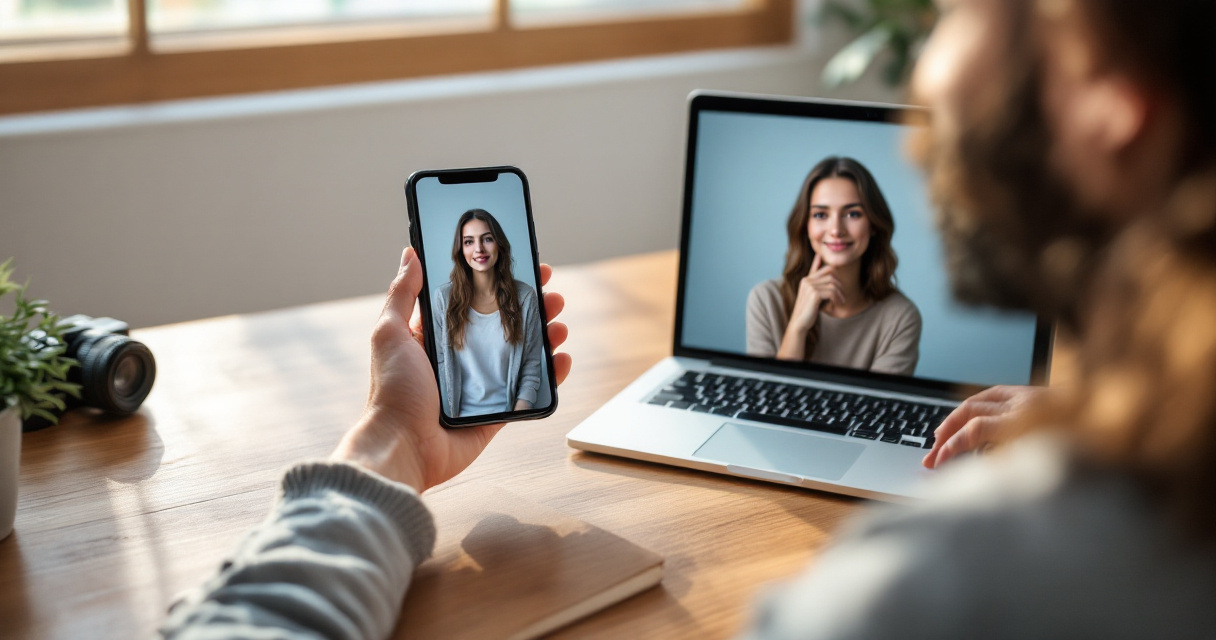 Over-shoulder view of selfie transforming into polished studio-style portrait on laptop at modern desk