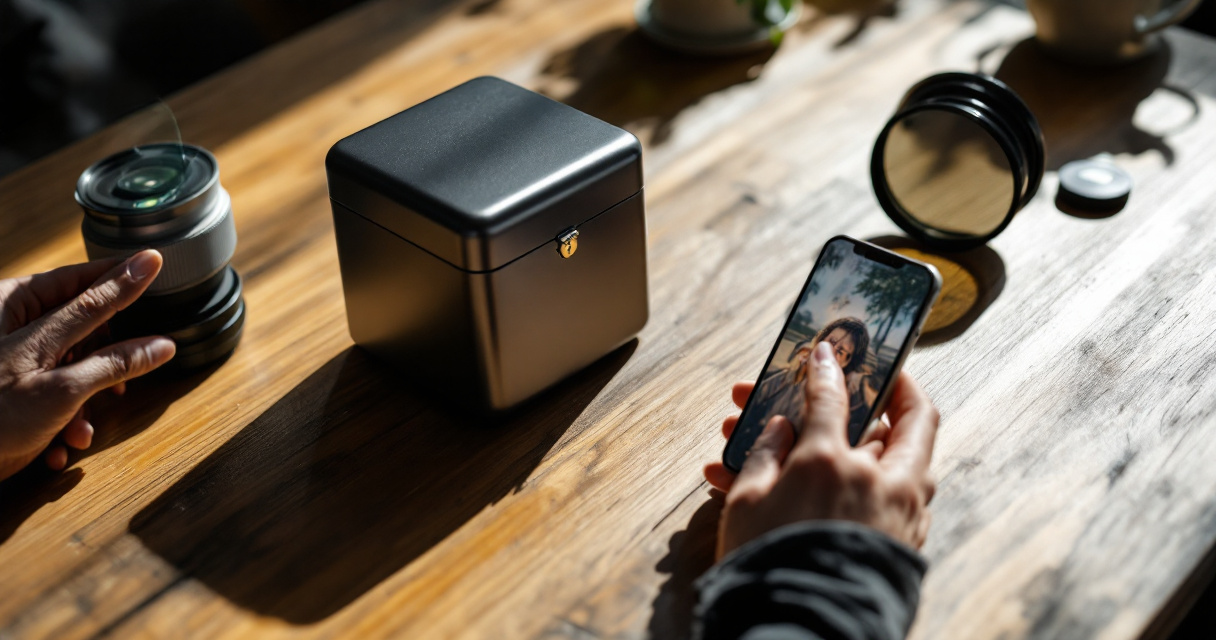 Hands near smartphone and black lockbox symbolizing privacy and trust in AI-generated portraits