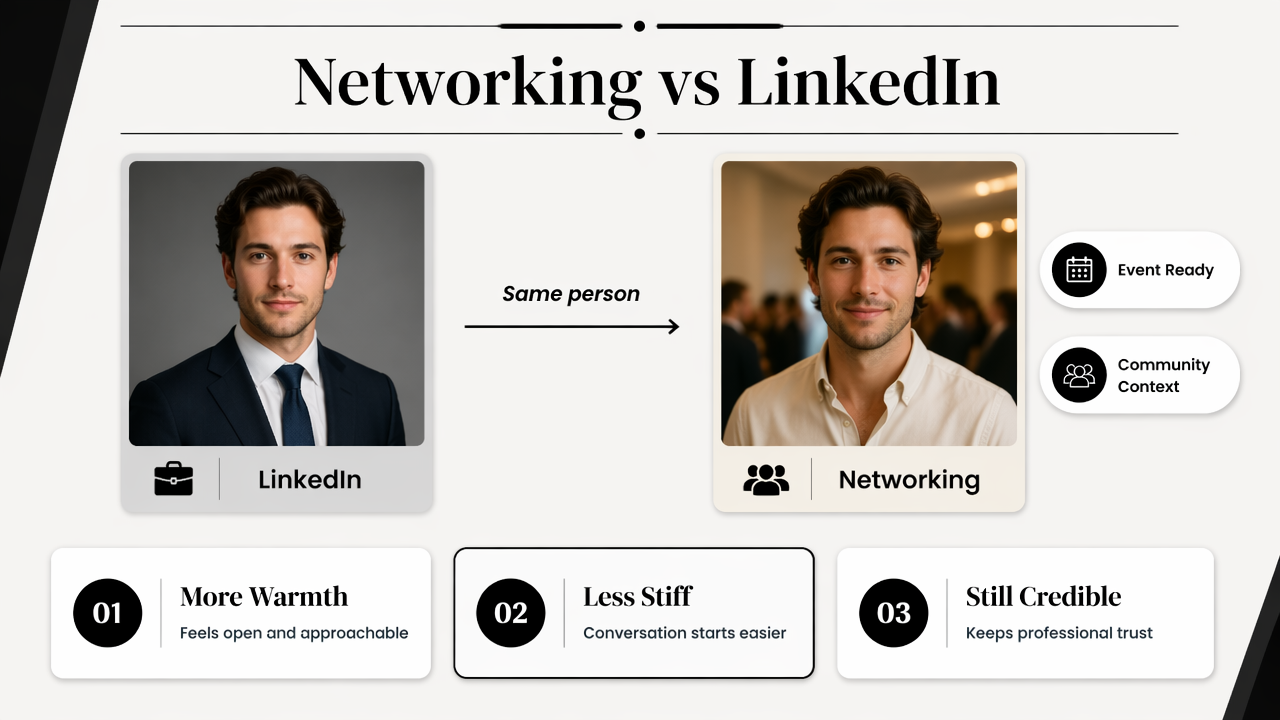 Comparison of formal LinkedIn portraits and warmer networking headshots.
