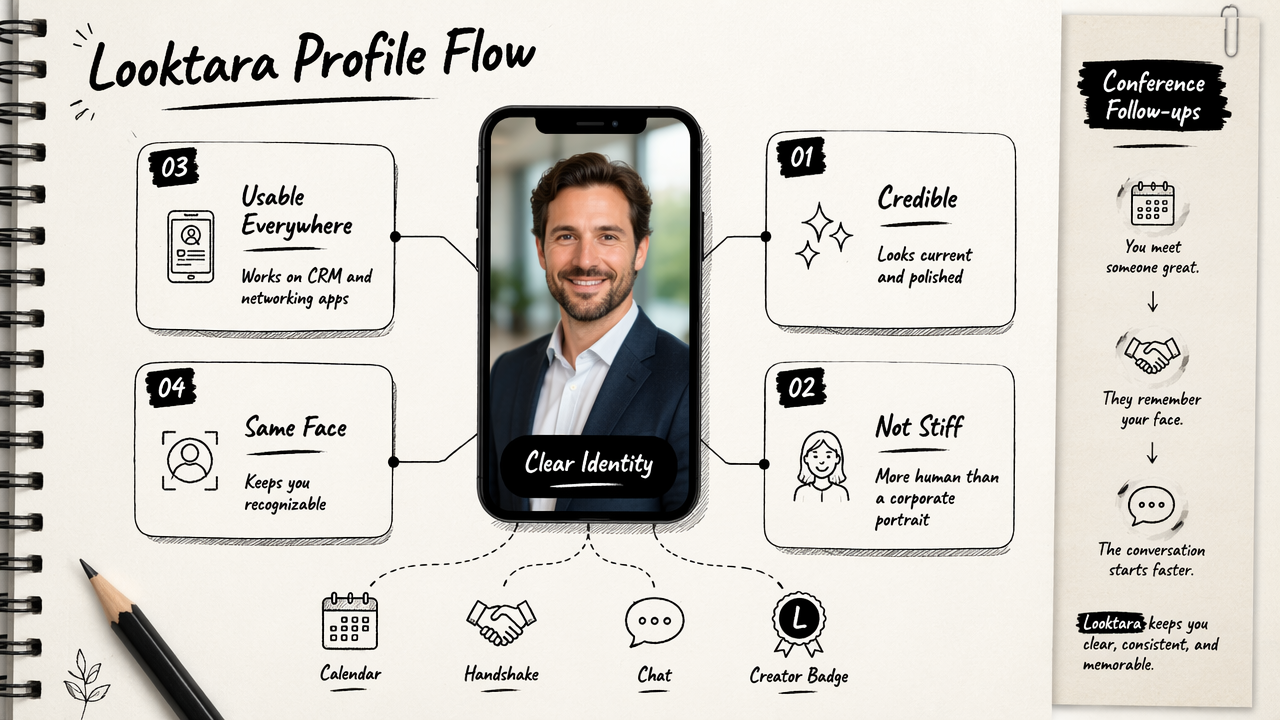 Annotated Looktara workflow showing credible, recognizable networking profile photos.