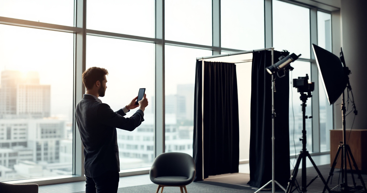Attendee using smartphone for AI headshot while unused black curtain photo booth sits nearby