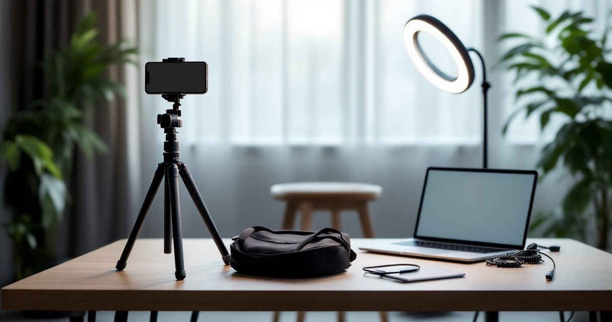 Compact AI headshot station with phone tripod ring light and black gear bag