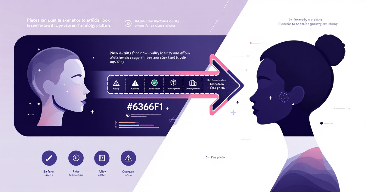 Infographic showing transformation from plastic-looking AI headshots to natural results with warning signs and quality indicators