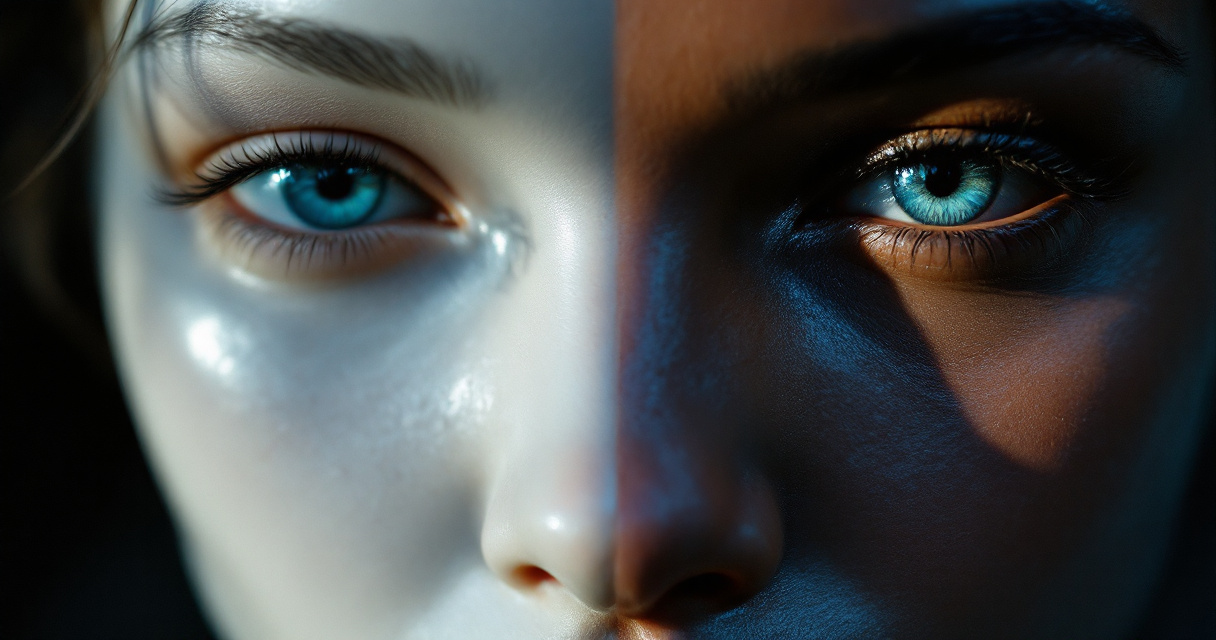 Visual comparison of artificial plastic-looking skin texture versus natural realistic human skin pores and details