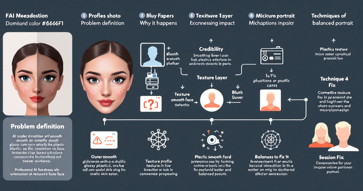 Infographic showing why AI headshots create plastic-looking skin and visual workflows for achieving realistic skin texture.