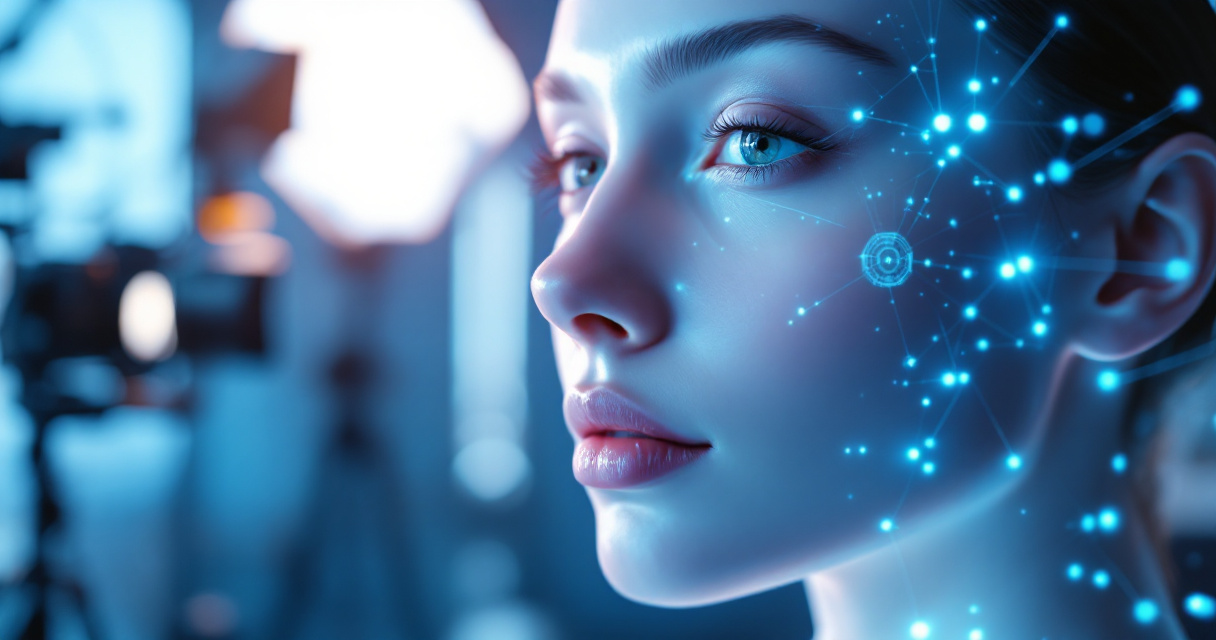 Unnaturally smooth AI portrait with plastic-like skin under studio lights and holographic scanning effects