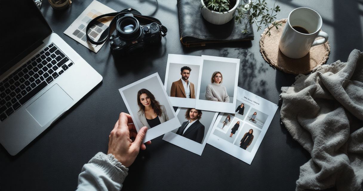 Hands comparing different headshot styles on a black desk for portfolio brand planning
