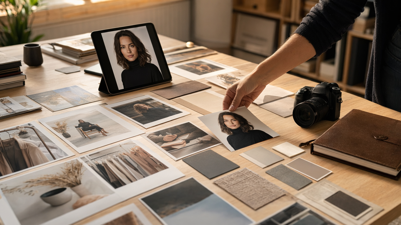 Curated portfolio image system with headshot, lifestyle photos, and black camera on worktable