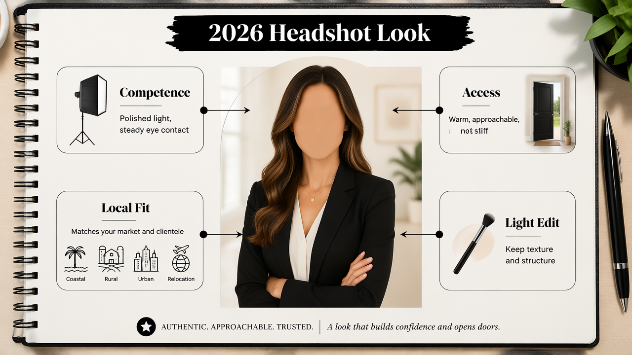 Annotated infographic showing the key traits of a 2026 real estate broker headshot.