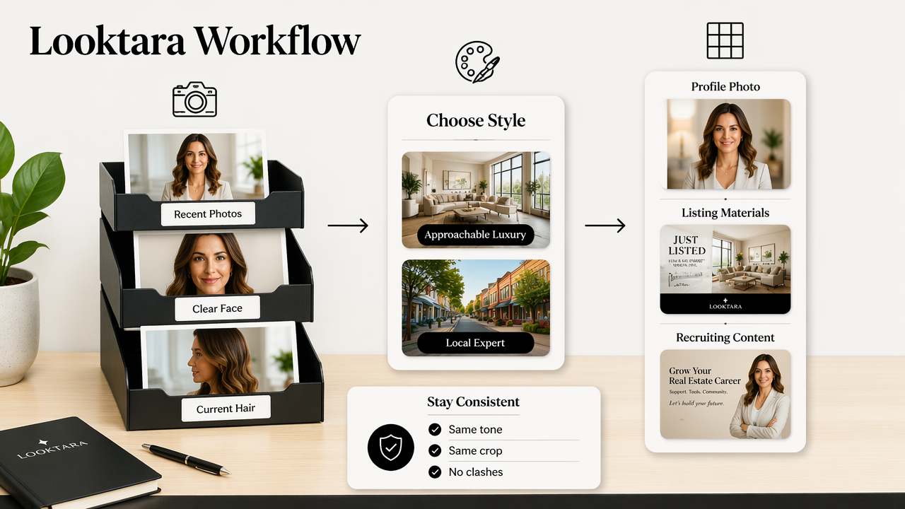 Workflow diagram showing how Looktara keeps broker profile imagery consistent across brand materials.