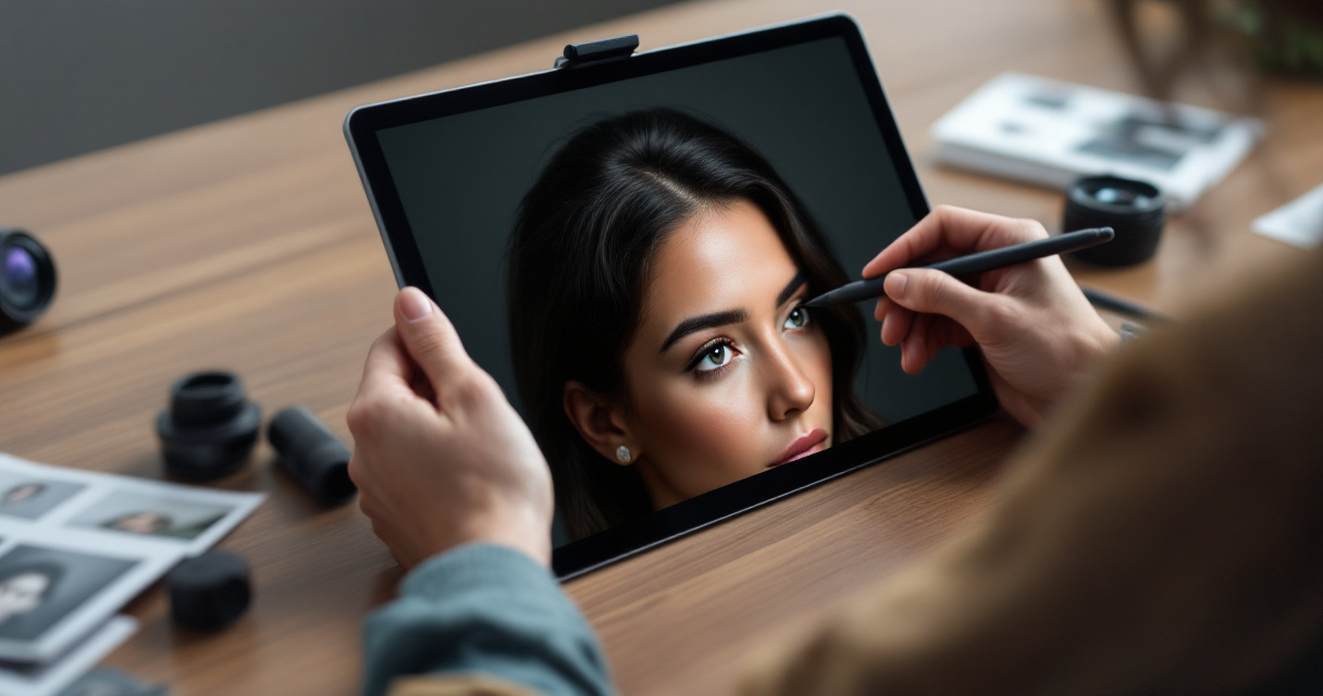 Over‑the‑shoulder view of tablet editing subtle hairline improvements in a professional portrait