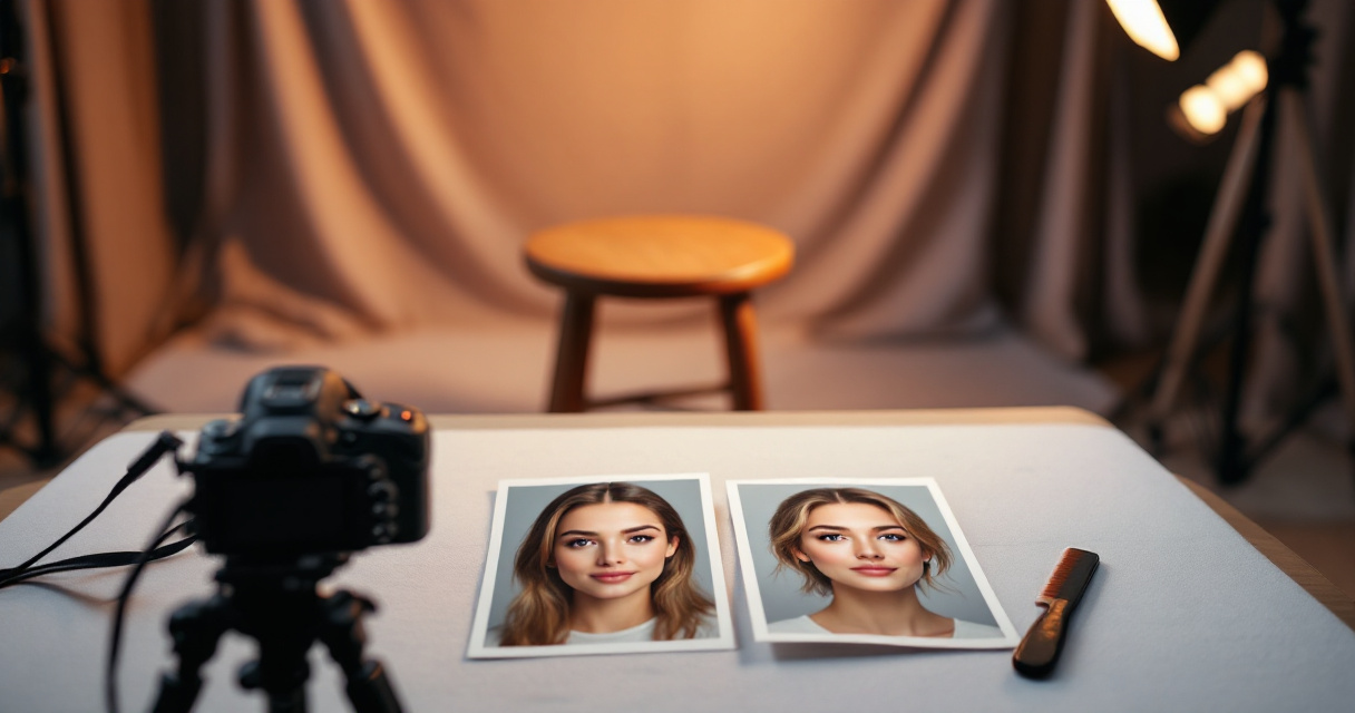 Studio setup with camera and photo prints showing subtle improvement to a receding hairline