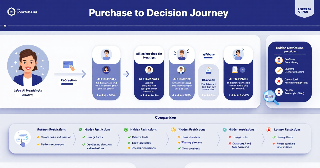 Infographic showing comparison of AI headshot generator refund policies, restrictions, and redo versus refund outcomes