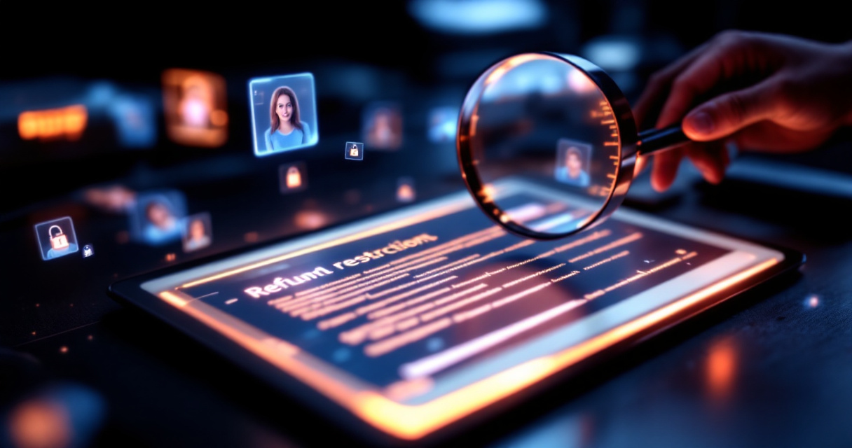 Magnifying glass revealing hidden restrictions in AI headshot purchase interface with glowing indigo elements