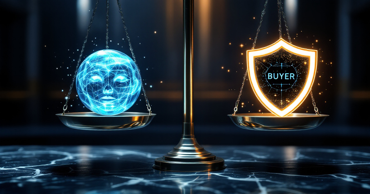 Justice scale balancing AI portrait hologram and consumer protection shield in futuristic setting