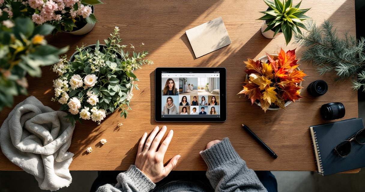 Workspace arranging seasonal props and tablet for planning year-round professional headshot updates