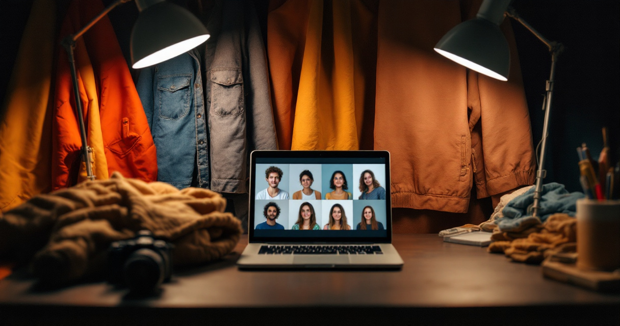 Cluttered studio table with mismatched outfits and lighting showing inconsistent headshot branding