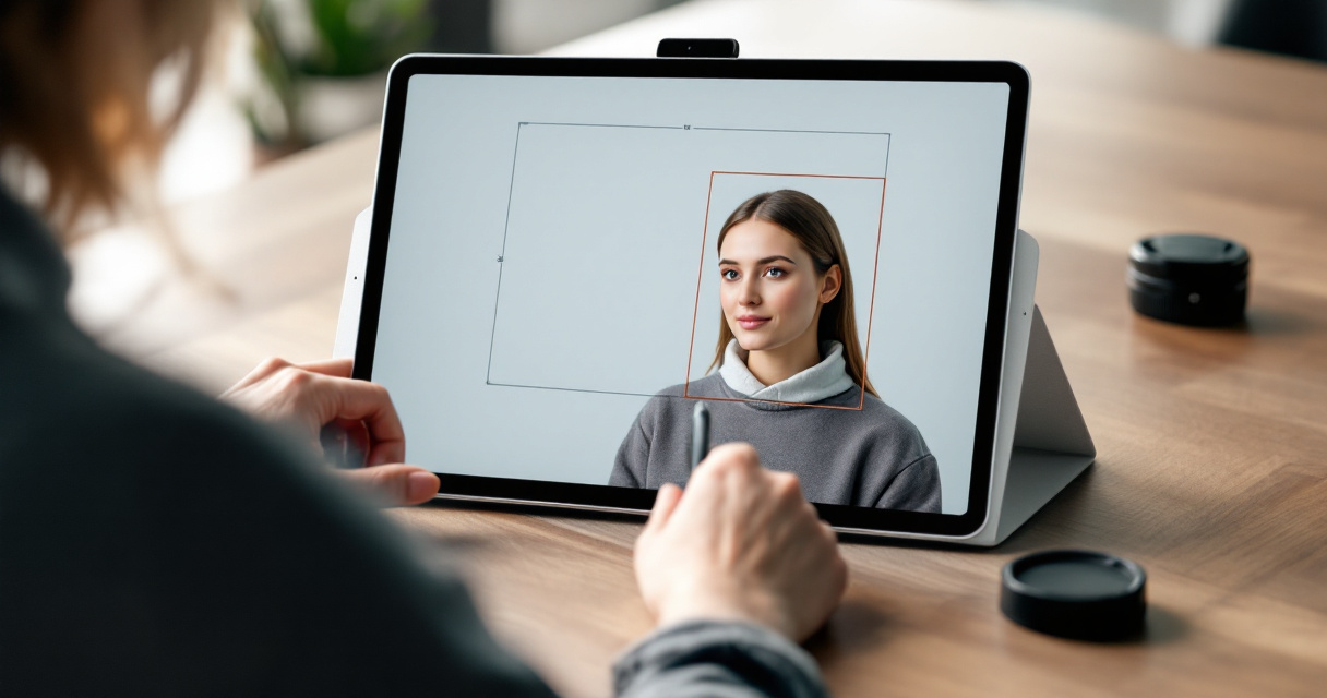 Over‑the‑shoulder view of tablet adjusting shoulder crop for an AI headshot composition