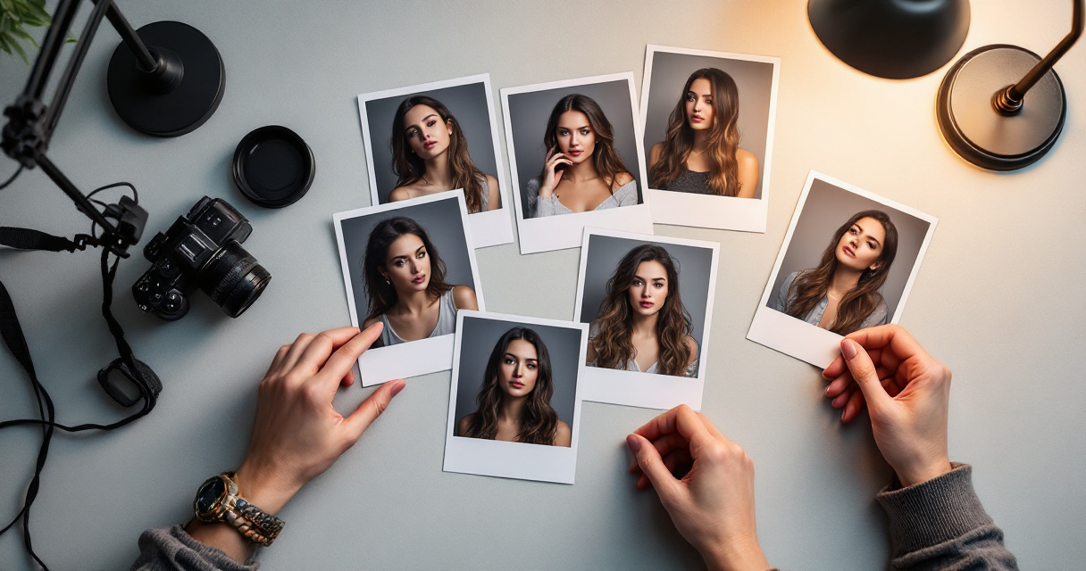 Hands comparing printed portraits showing common shoulder crop mistakes in headshots