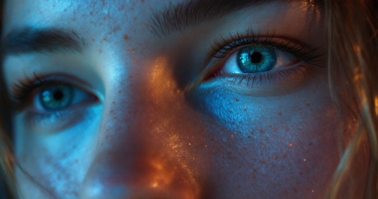 macro cinematic AI headshot showing realistic skin pores, freckles, and natural facial texture detail