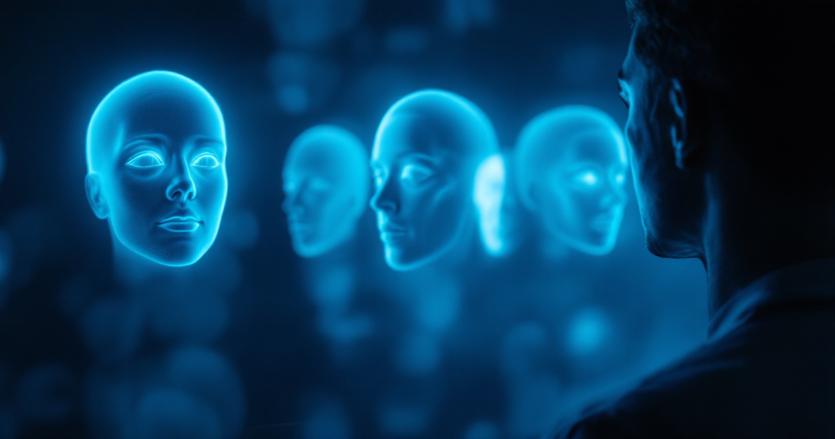 person observing multiple realistic AI faces in glowing holographic displays representing human perception research