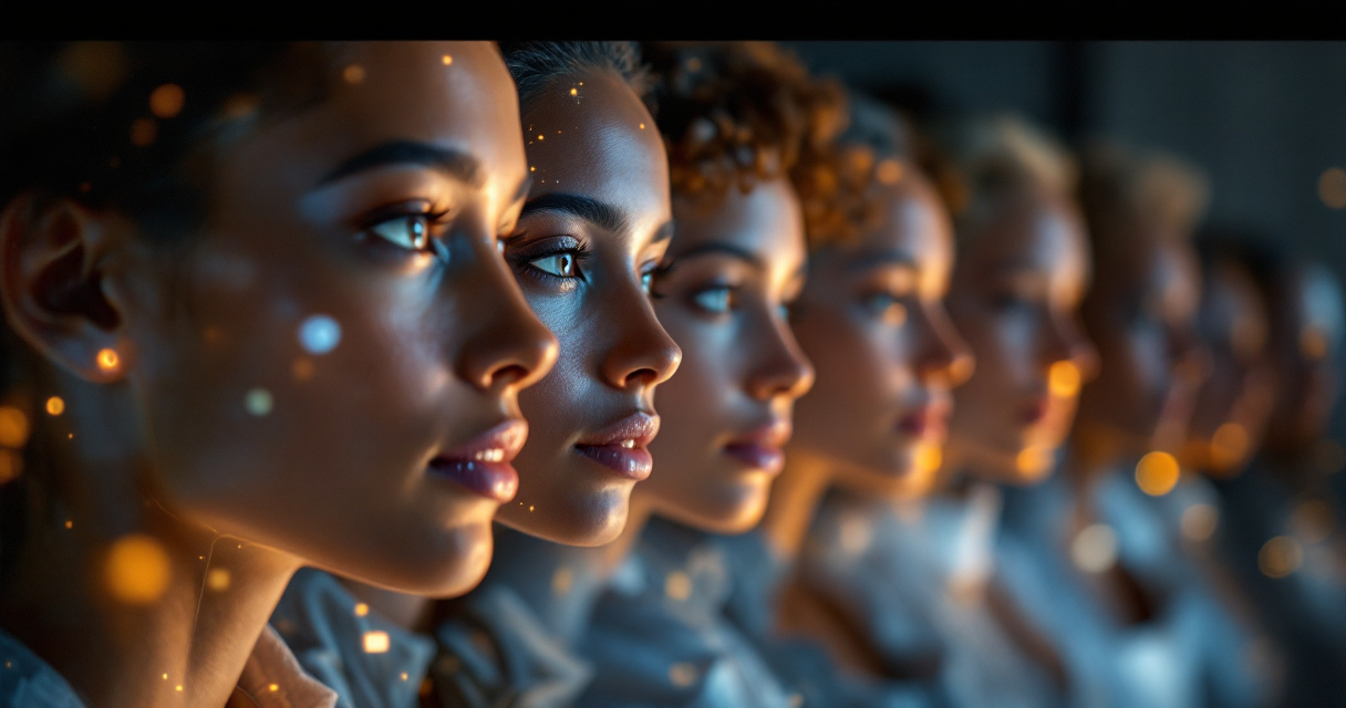 Futuristic AI headshot system analyzing diverse skin tones under cinematic studio lighting