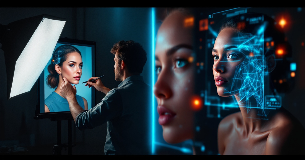 Contrast between human retouching workflow and AI-powered portrait enhancement in professional headshot studio