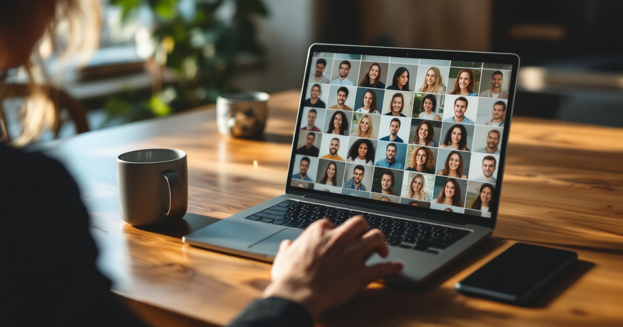 Hands reviewing a grid of testimonial headshots on a laptop beside a black mug