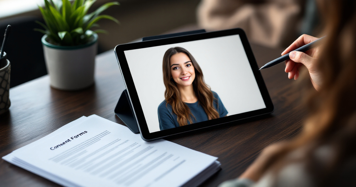 Over-the-shoulder view of reviewing an AI headshot beside consent paperwork and a black pen