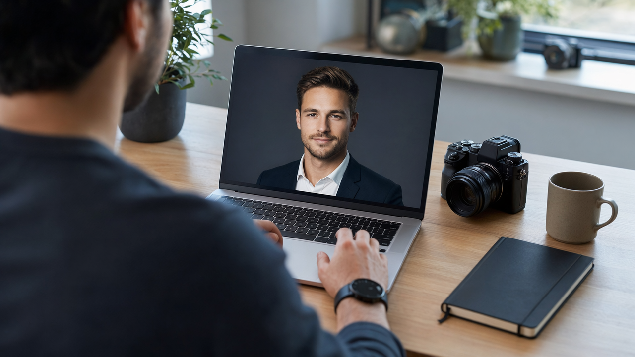 Developer reviewing a credible AI LinkedIn headshot at a minimalist desk
